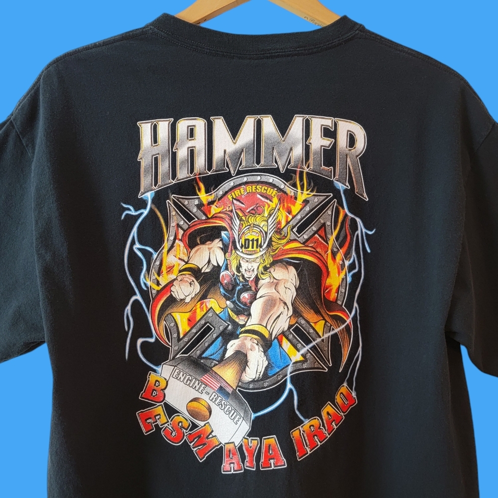 Vintage Firefighter Y2K Biker Style Lightning Flames Grunge Graphic Tshirt L